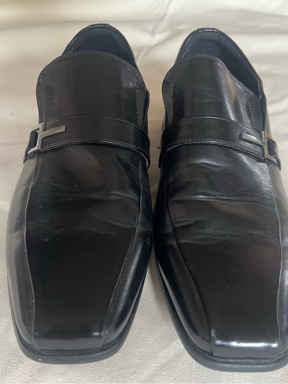 Call It Spring Black Leather Slip-On Loafers with Metallic Buckle. Size 12